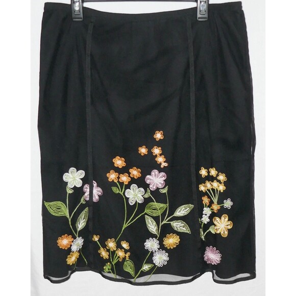 Sigrid Olsen Retro Sheer Overlay Embroidered Wildflowers Black Skirt Size 12 - Picture 5 of 7